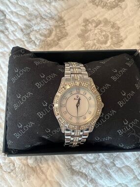 Bulova Silver-Tone Mother-of-Pearl Dial Watch with Crystal Accents-see photos